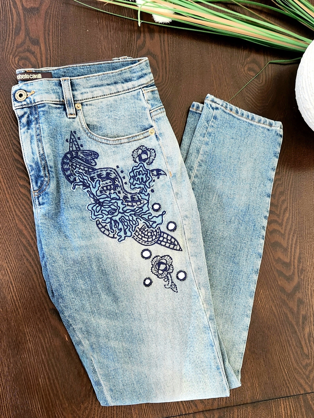 Roberto Cavalli Light Blue Jeans with Navy Embroidery Motif